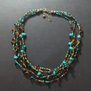 Teal Turquoise Color and Brown Glass Beaded Layered Statement Necklace